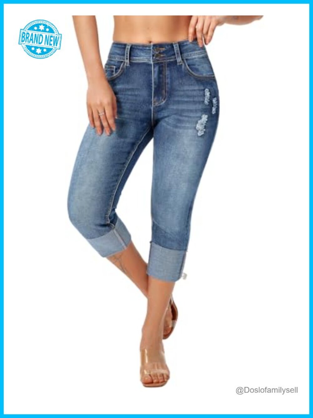 roswear Women's Stretchy Capri Jeans Cuffed Distressed Denim Pants